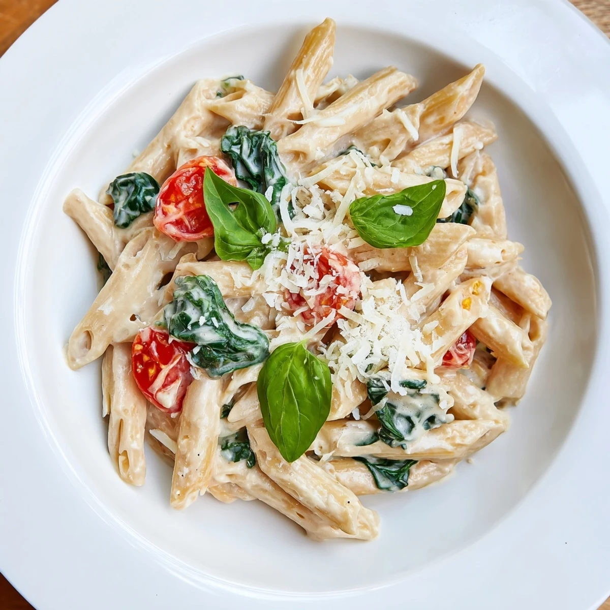 Creamy Cottage Cheese High-Protein Pasta, topped with fresh basil and Parmesan cheese, looks delicious.