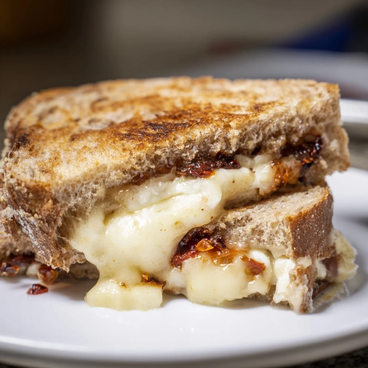 Golden, melty Brie and Chili Crisp Grilled Cheese, a gourmet vegetarian lunch, ready to enjoy.