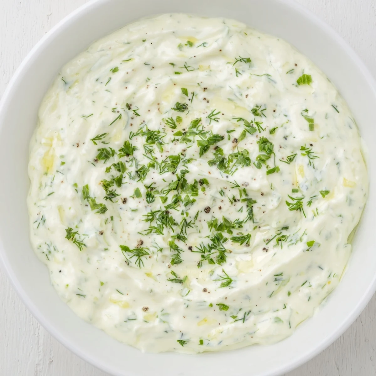 Creamy Greek Yogurt Herb Dip, speckled with fresh herbs, is ready to be scooped with crisp veggies.