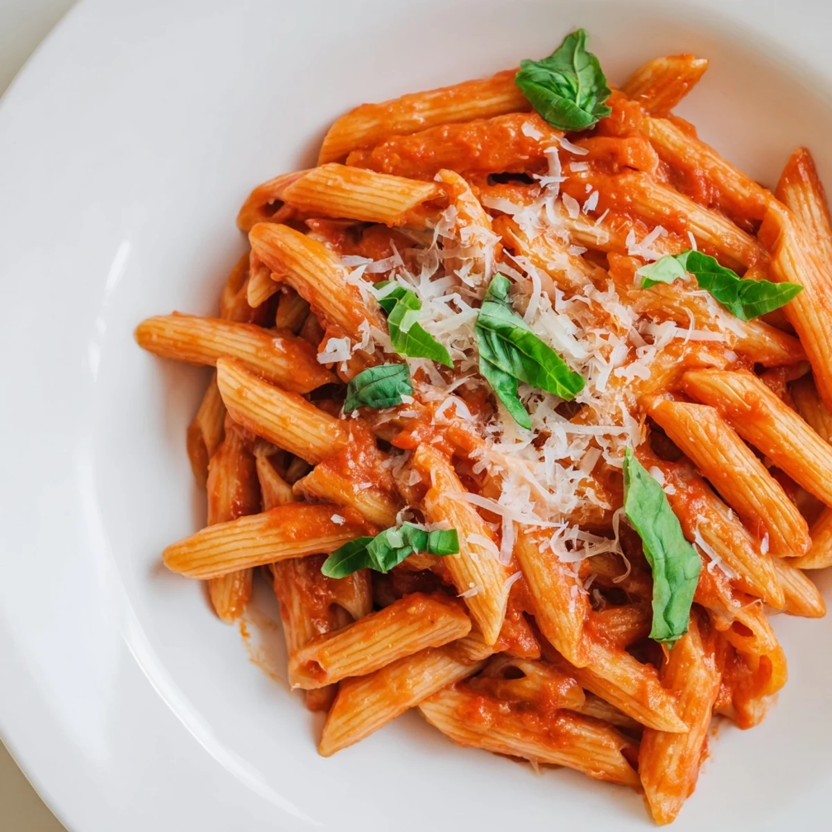 Steamy bowl of Microwave Bowl Pasta, ready to eat with flavorful marinara sauce and parmesan.