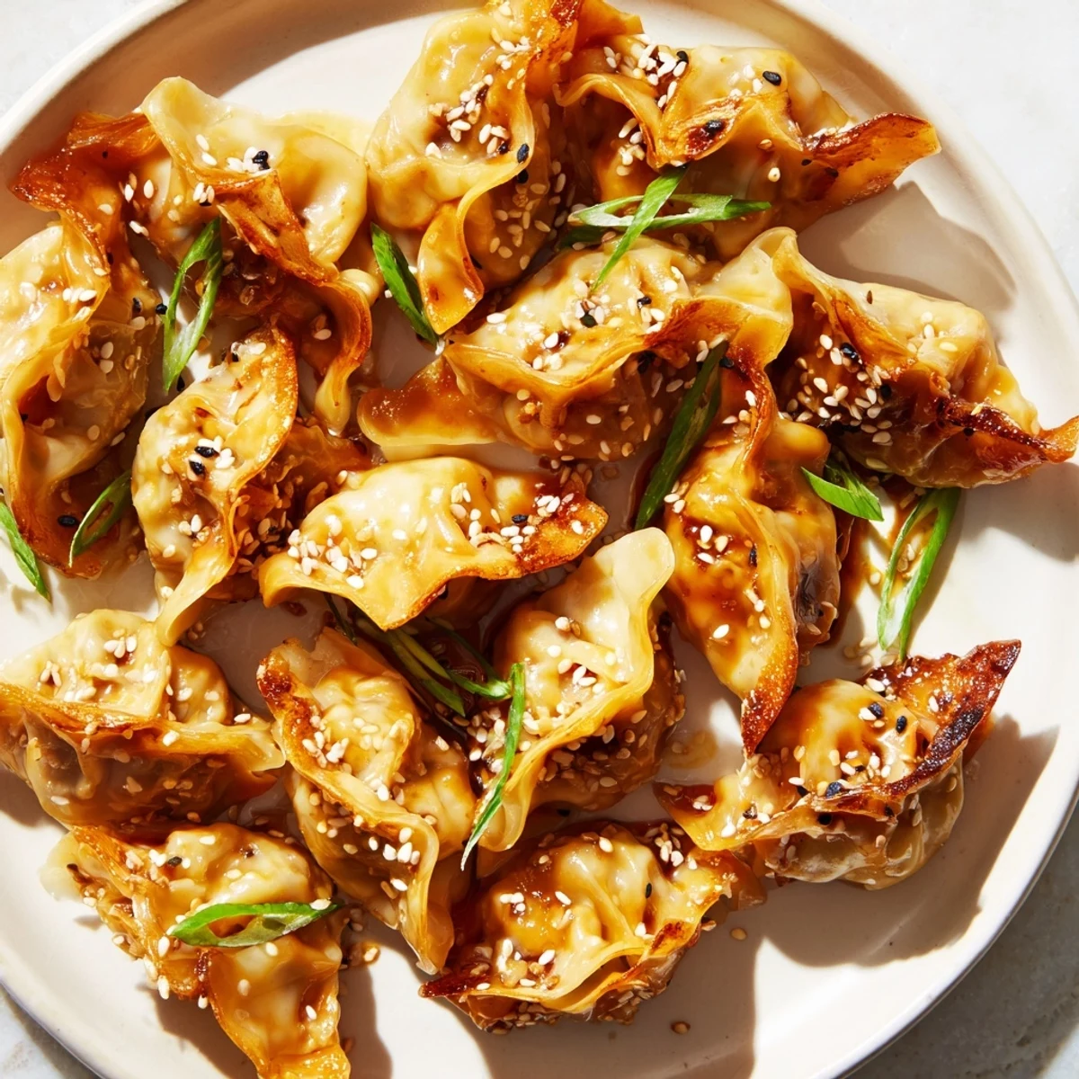 Golden Air Fryer Frozen Dumplings glistening with sesame oil, ready to serve as a tasty appetizer.