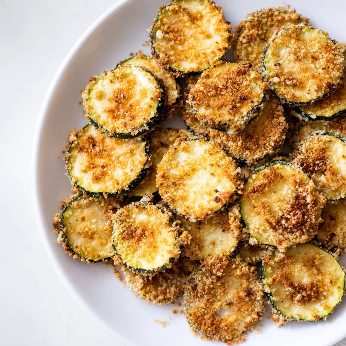 Freshly made Zucchini Chips, offering a satisfying snack experience, ideal for dipping into marinara.