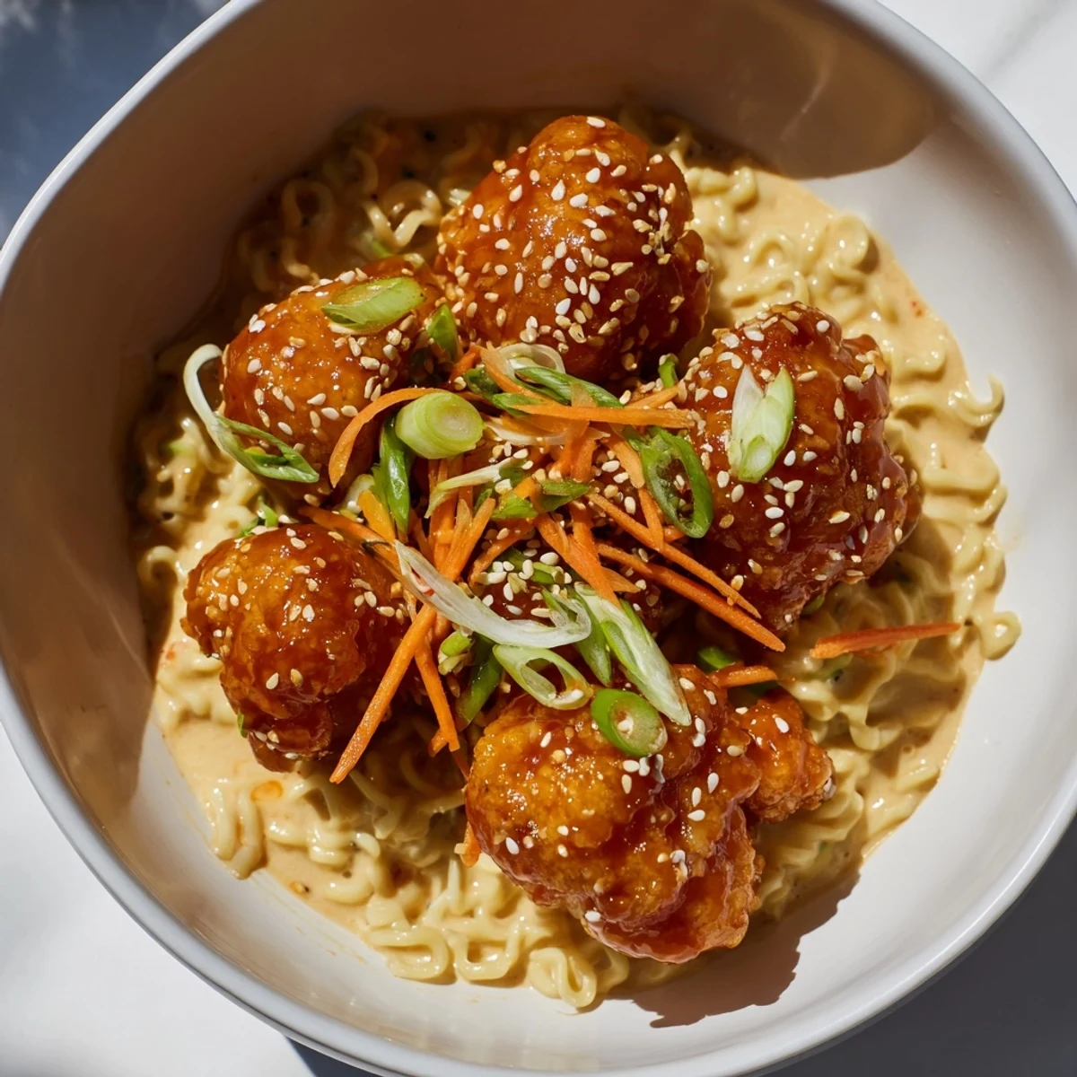 Buffalo Cauliflower Ramen, brimming with crispy florets in a flavorful, creamy ramen broth, ready to eat.