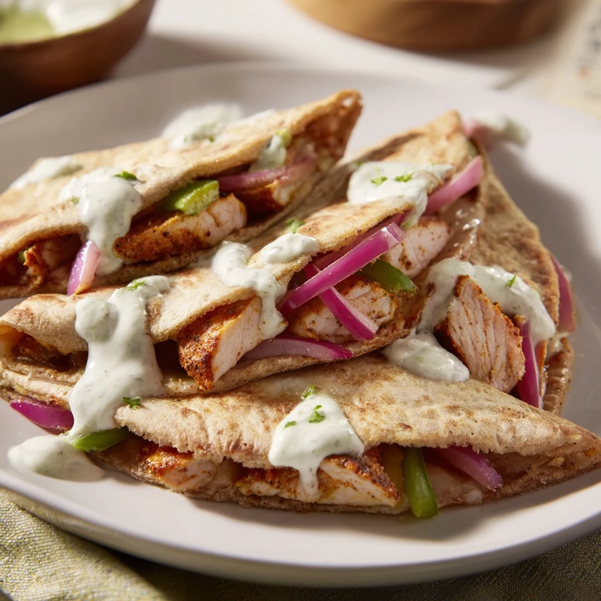 A close-up view of a tandoori chicken quesadilla with visible grilled chicken and creamy yogurt sauce.