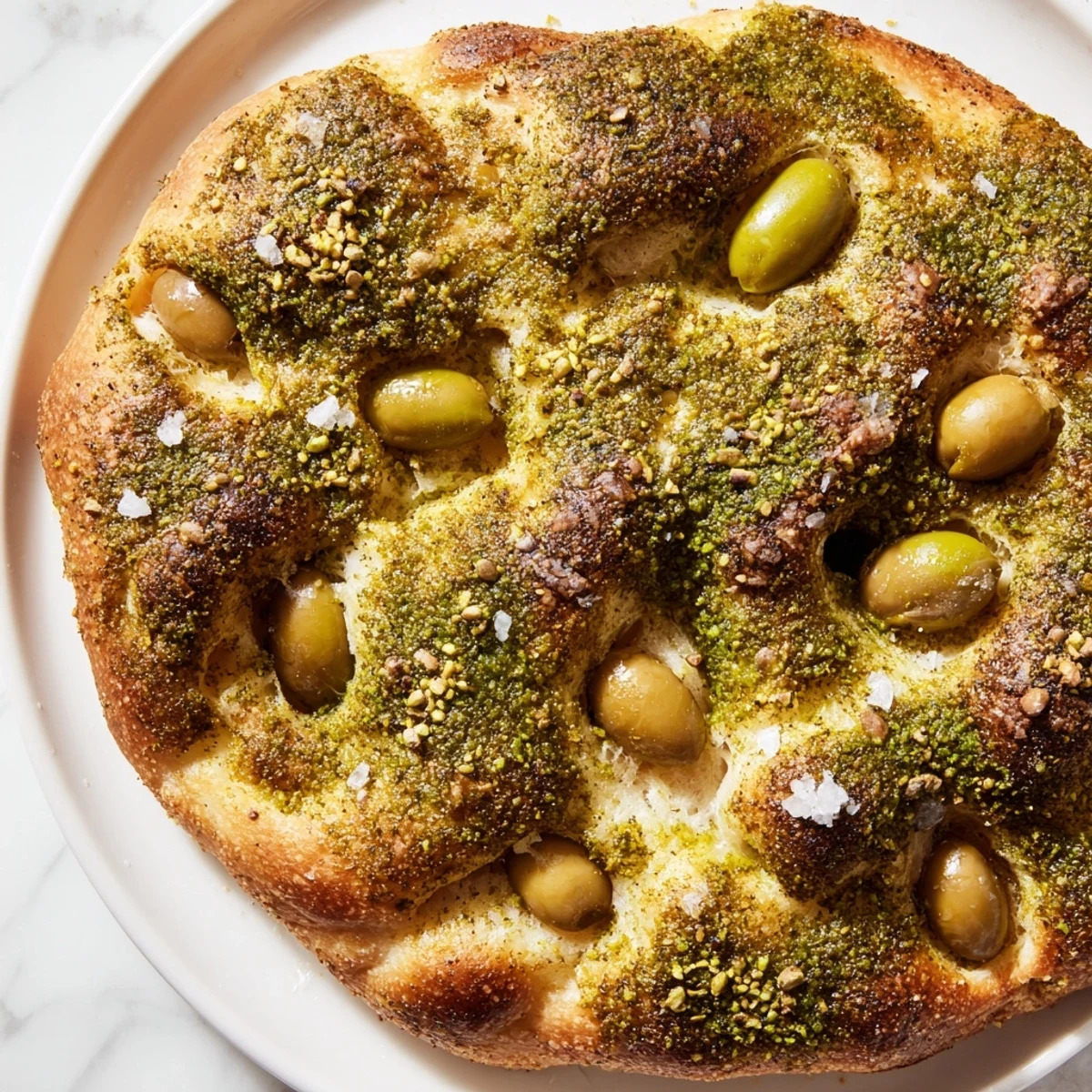 Golden, crisp Zaatar Olive Focaccia showcasing a vibrant blend of herbs, olives, and glistening olive oil.