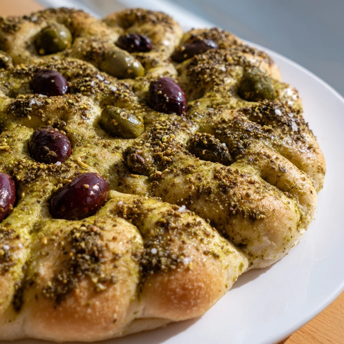 Warm, appetizing slices of Zaatar Olive Focaccia, with a delightfully textured, dimpled surface sprinkled with flaky salt.
