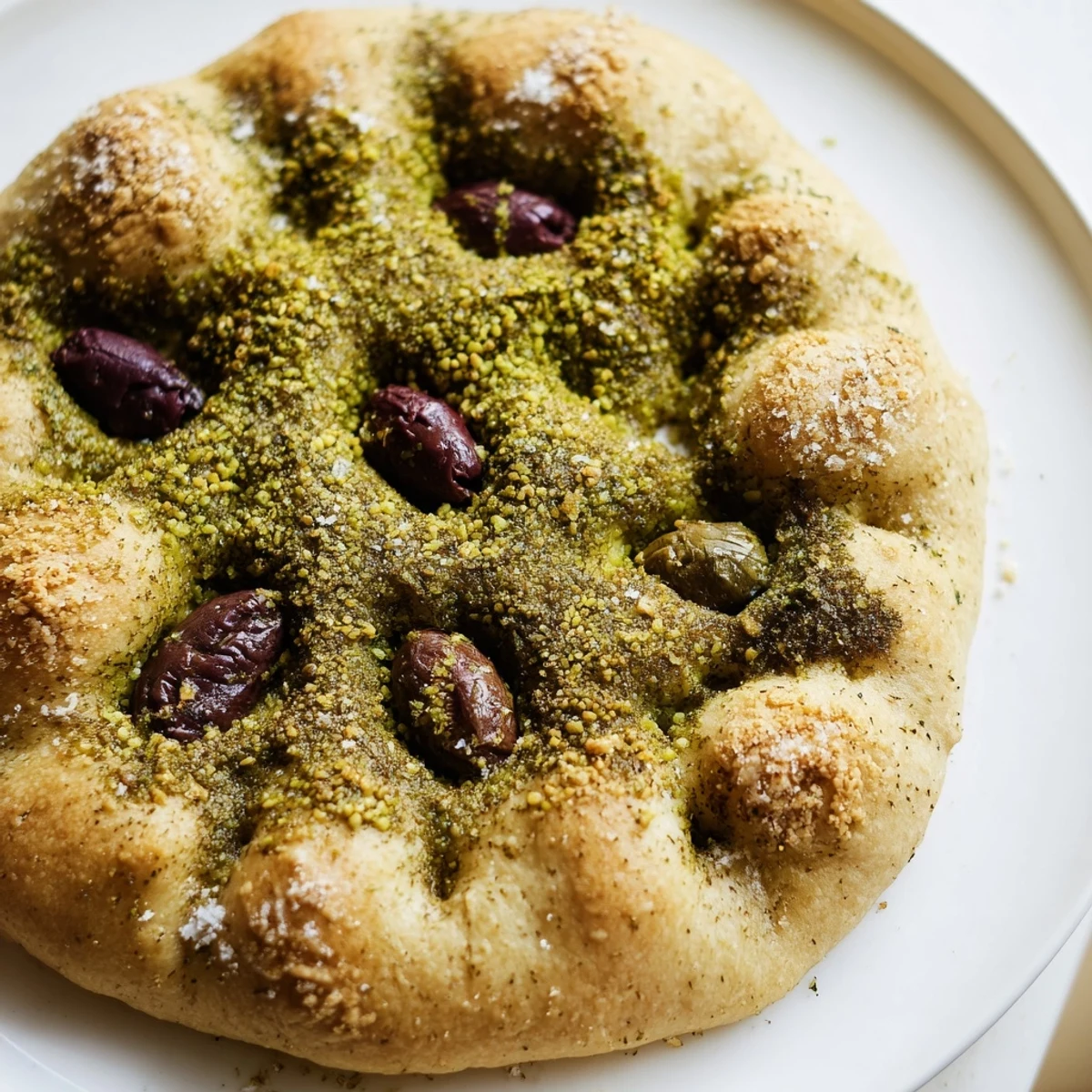 Enjoy the delicious crunch: freshly baked Zaatar Olive Focaccia, perfect for sharing with friends or family.