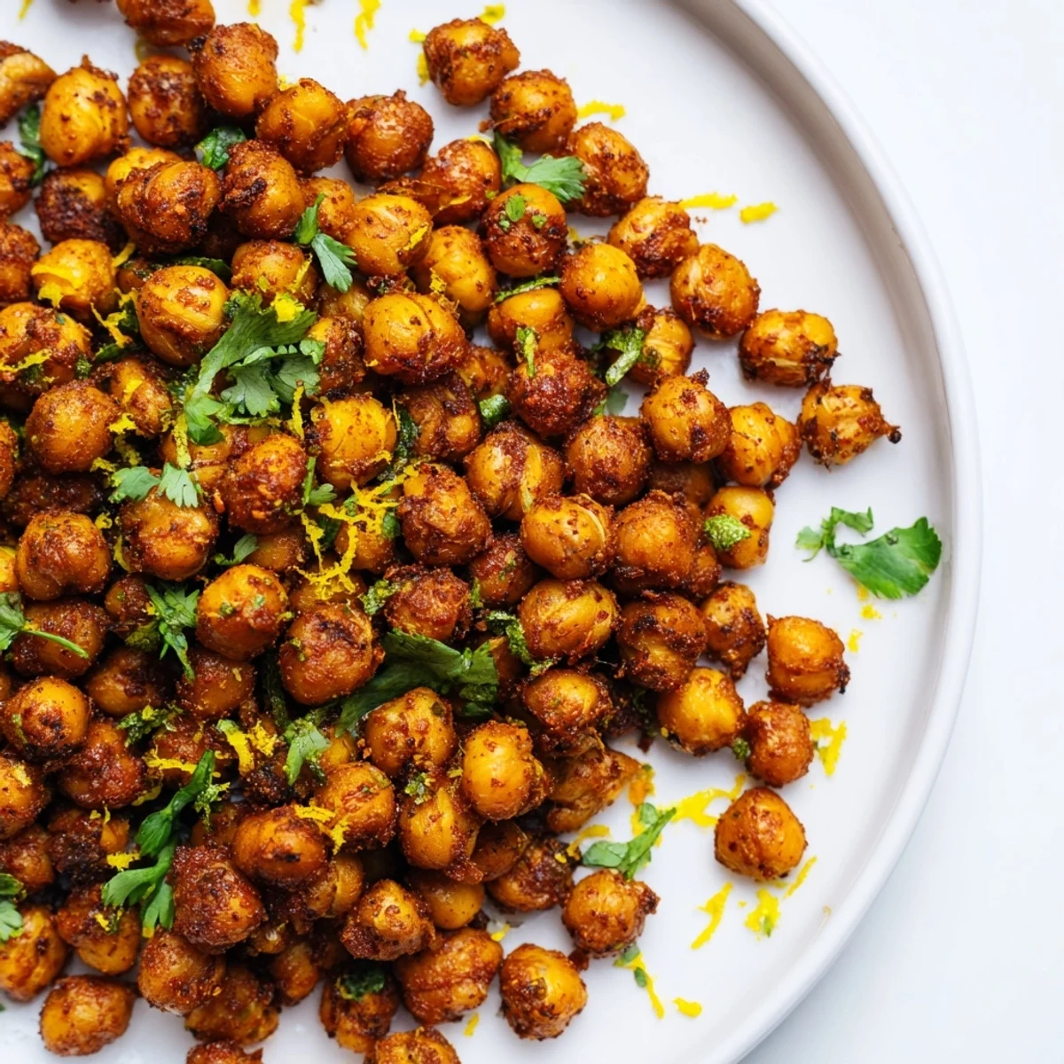 Spicy and flavorful Harissa Chickpea Roast, served with fresh herbs, ideal for a crunchy salad topping.