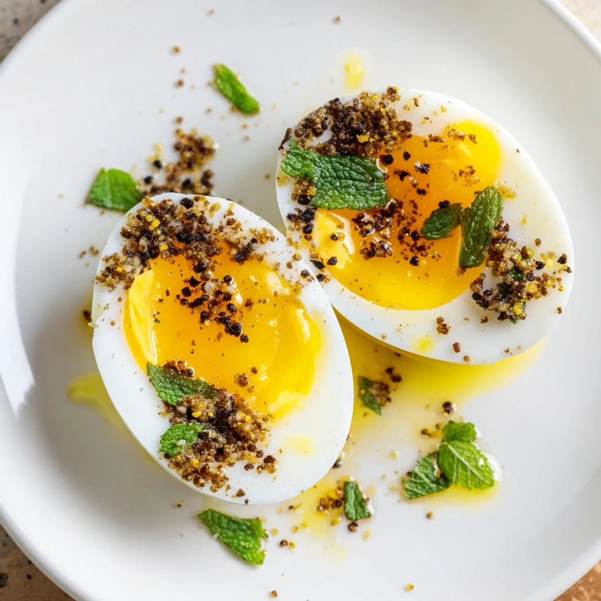 Enjoy a plate of perfectly cooked Dukkah-Spiced Eggs, sprinkled with dukkah and ready to eat.