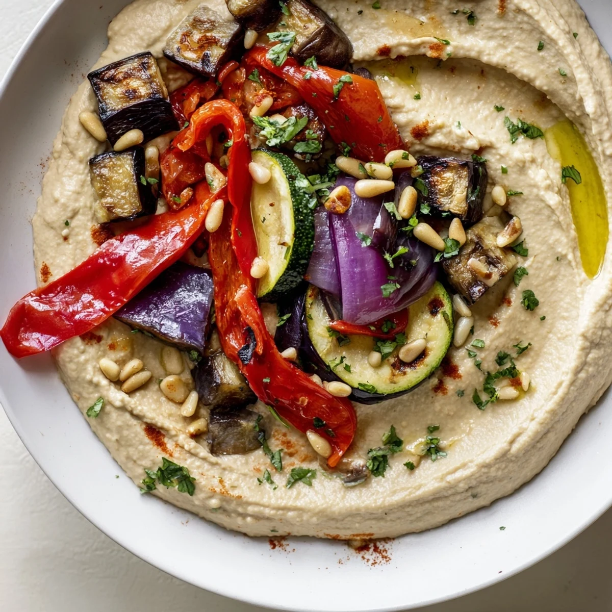 Hummus Roasted Veggies: A close-up of colorful, charred vegetables atop creamy homemade hummus.