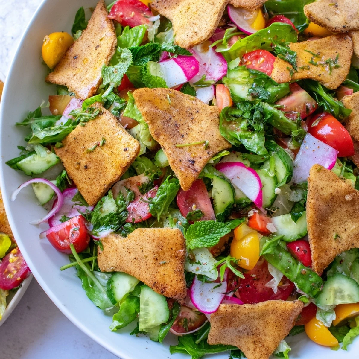 Fresh Fattoush Crunch Salad, bursting with vibrant vegetables and crispy pita chips, coated in dressing.