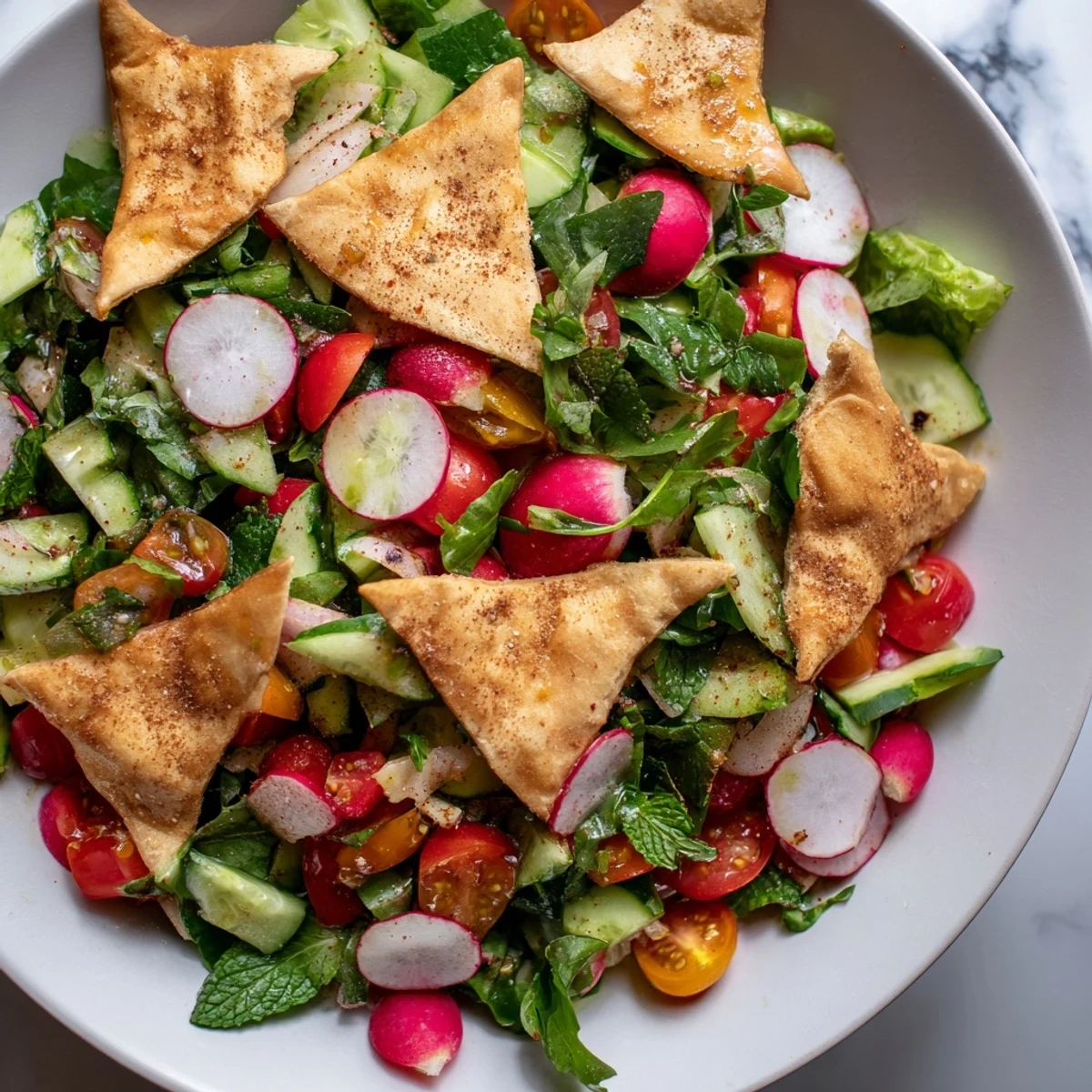 Enjoy this delicious Fattoush Crunch Salad: a bright, crunchy salad combining fresh flavors with a tart sumac dressing.