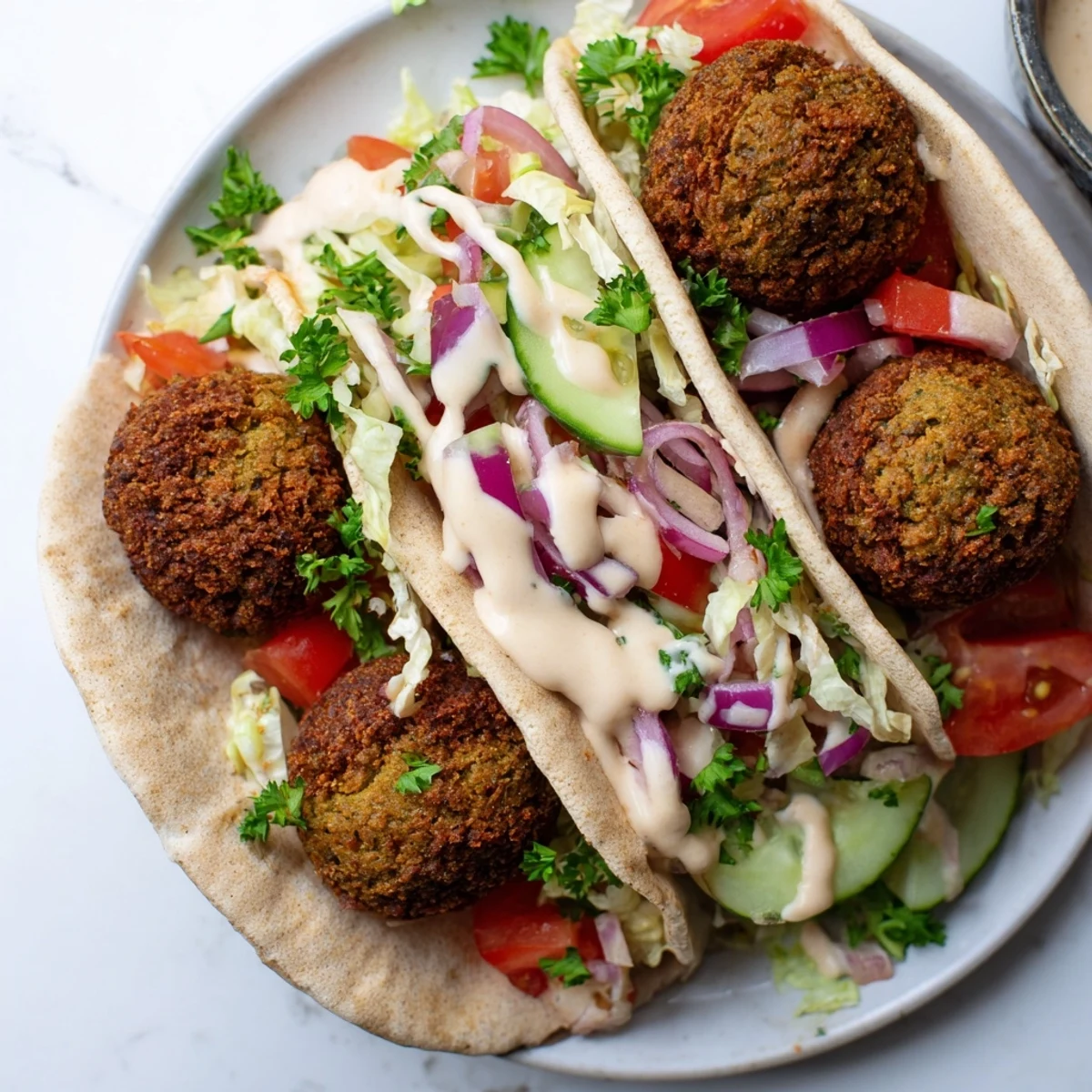 Golden-brown falafel pita pockets filled to bursting with fresh vegetables and creamy tahini.