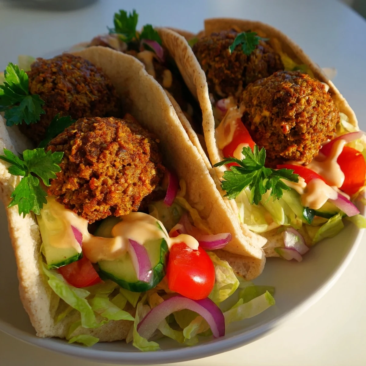 A close-up of a delicious falafel pita pocket, ready with colorful fresh ingredients and sauces.