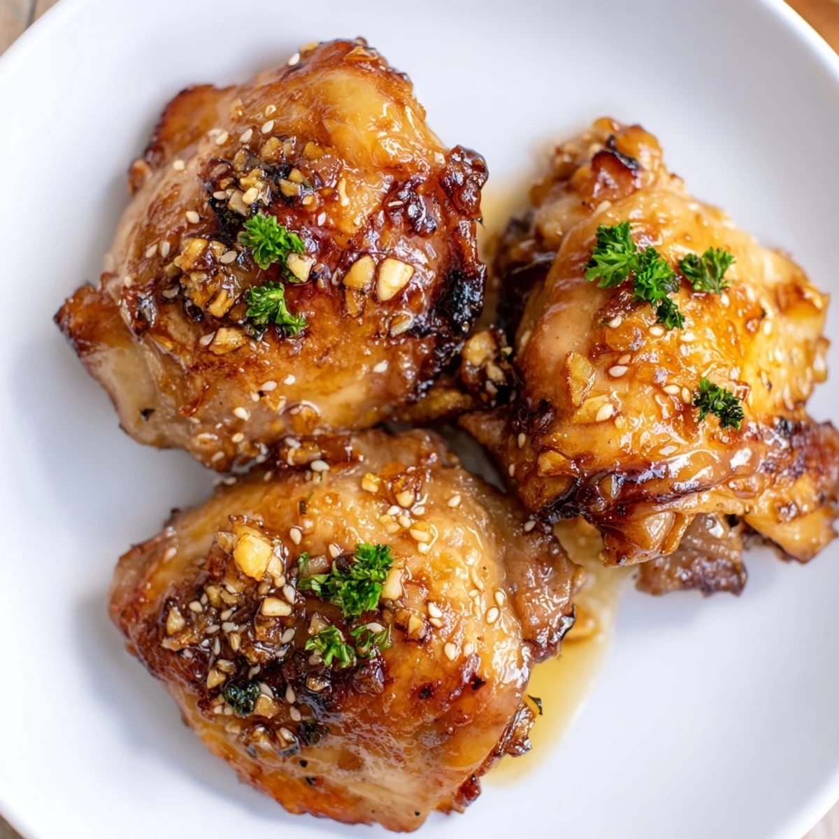 Sticky Honey Garlic Glazed Chicken thighs fresh from the oven, featuring caramelized, golden-brown skin glistening with a sweet-savory glaze garnished with fresh parsley.  