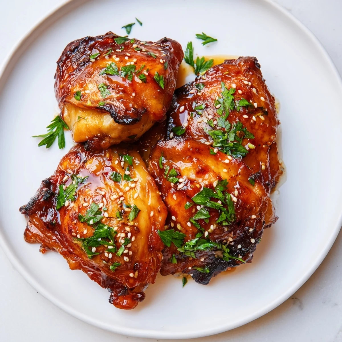 A close-up view reveals tender, juicy chicken thighs in a rich Honey Garlic Glazed Chicken sauce, paired with steamed rice and a sprinkle of sesame seeds.  