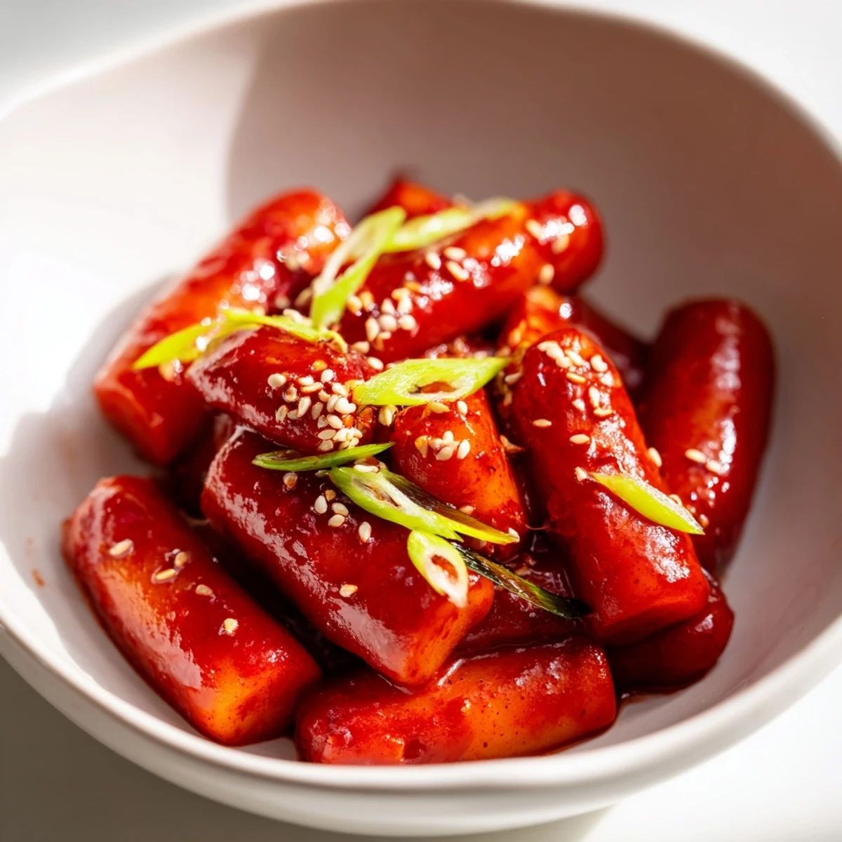 A steaming bowl of Korean Tteokbokki featuring chewy rice cakes and sliced onions in a vibrant red gochujang sauce, topped with fresh green onions and sesame seeds.