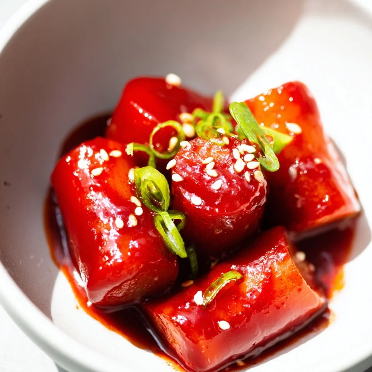 Close-up view of glossy, spicy Korean Tteokbokki simmering in a rich sauce, with soft boiled eggs and chopped cabbage adding texture and color to the savory dish.