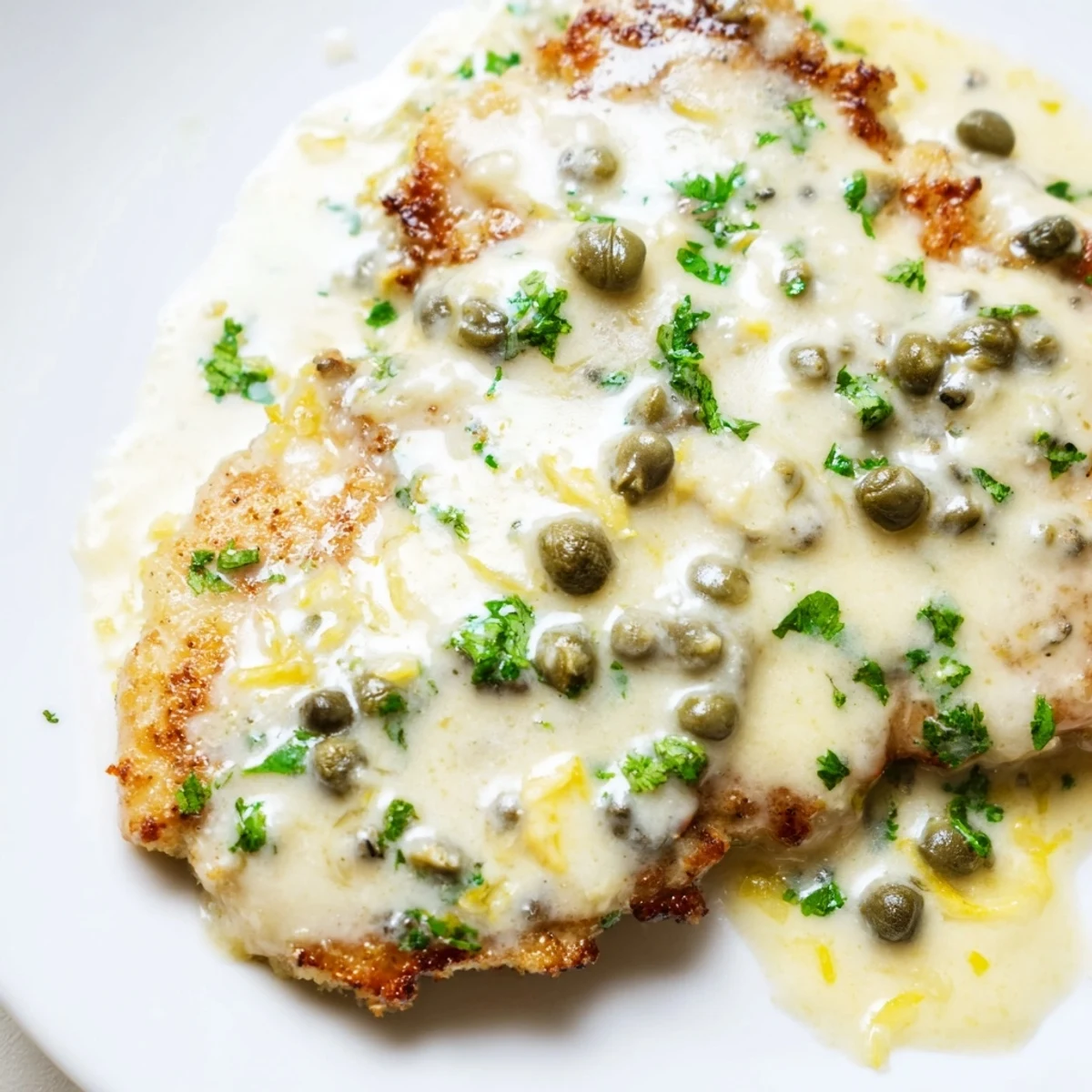 Tender dredged chicken cutlets simmered in a velvety Creamy Chicken Piccata sauce, with capers adding a savory burst.