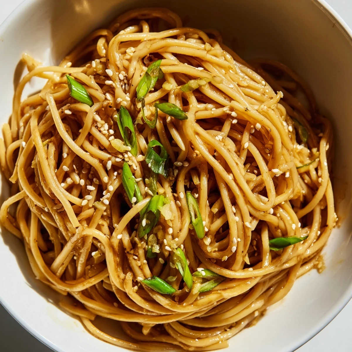 Steaming Asian Garlic Noodle Bowl garnished with green onions and sesame seeds
