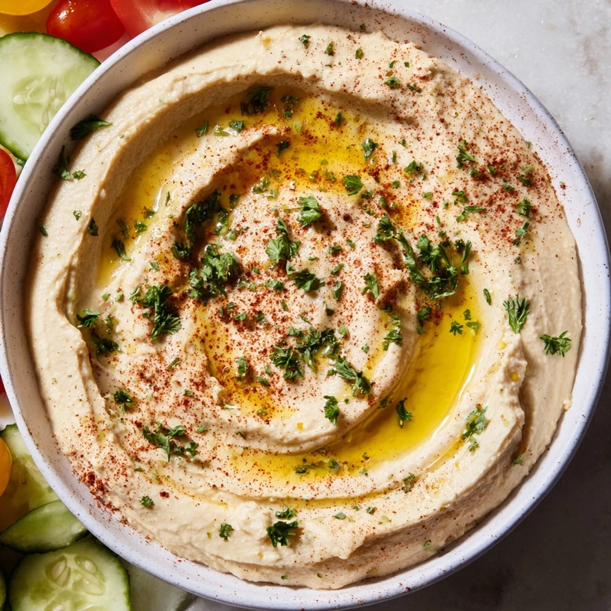A vibrant Middle Eastern Mezze Platter with creamy hummus, colorful vegetables, and warm pita on a rustic table.