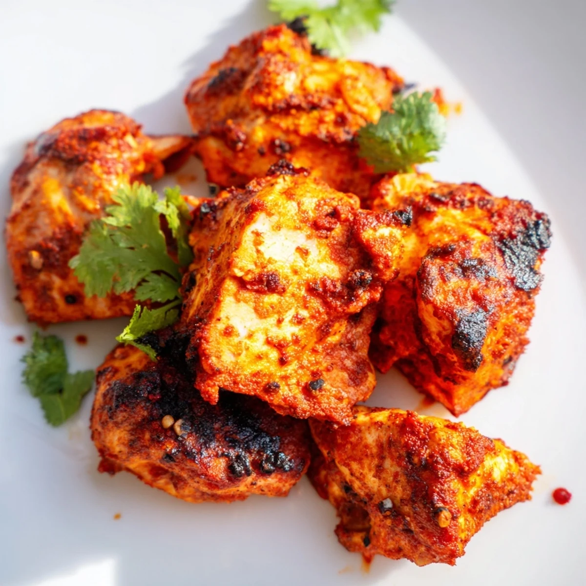 Golden-brown Indian Tikka Spiced Chicken pieces roasted to perfection, served with fresh cilantro and lemon wedges.