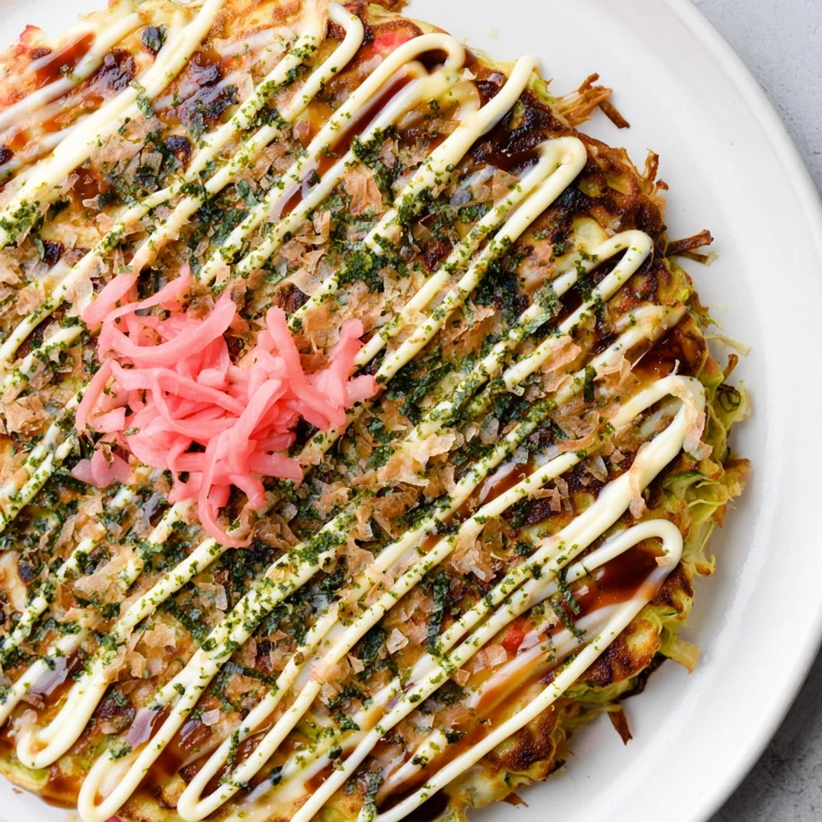 Golden-brown Japanese Okonomiyaki Pancakes topped with creamy mayonnaise, tangy sauce, and dancing bonito flakes, served hot from the skillet.