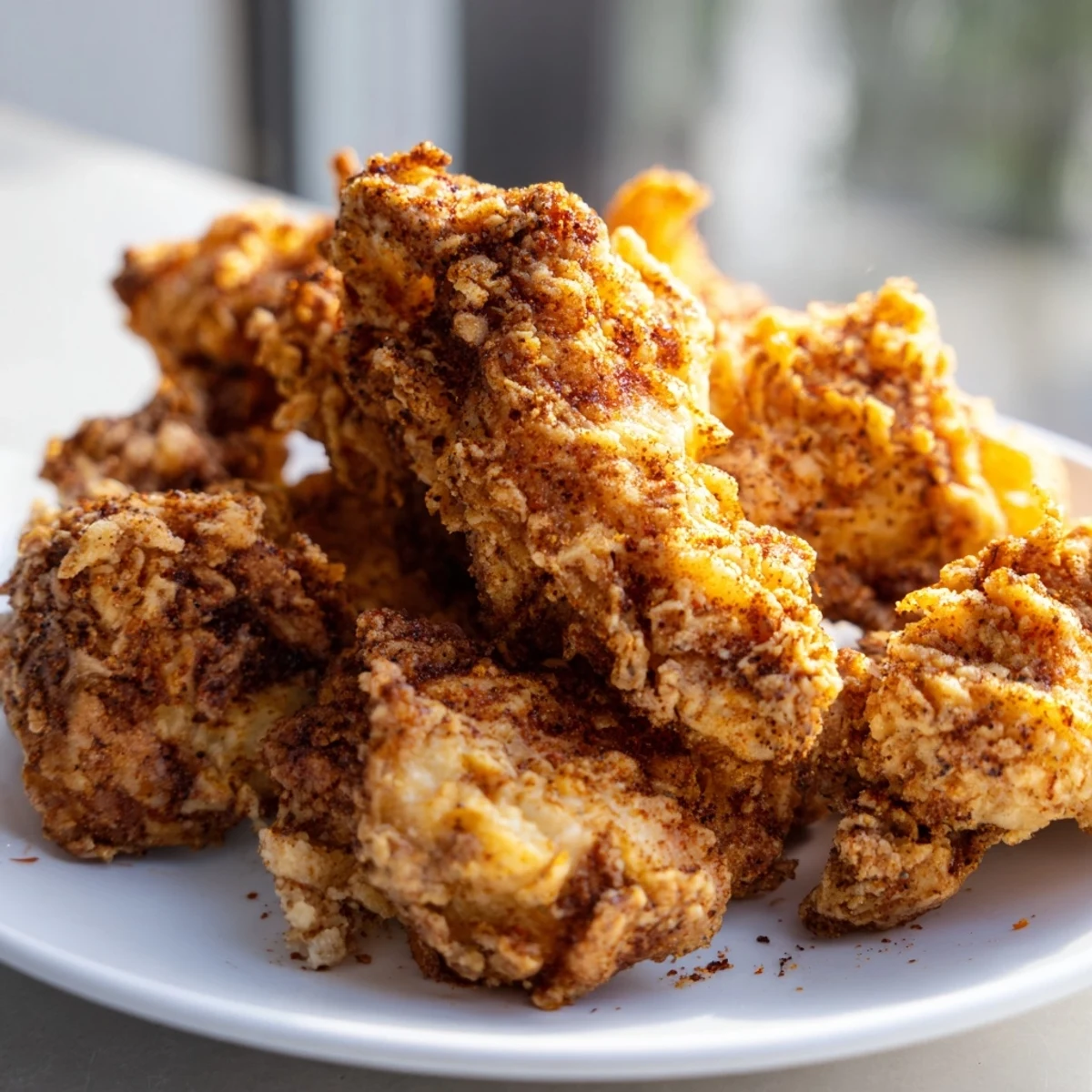 Golden, crispy fried chicken tenders stacked on a plate, served with a side of ranch dipping sauce.