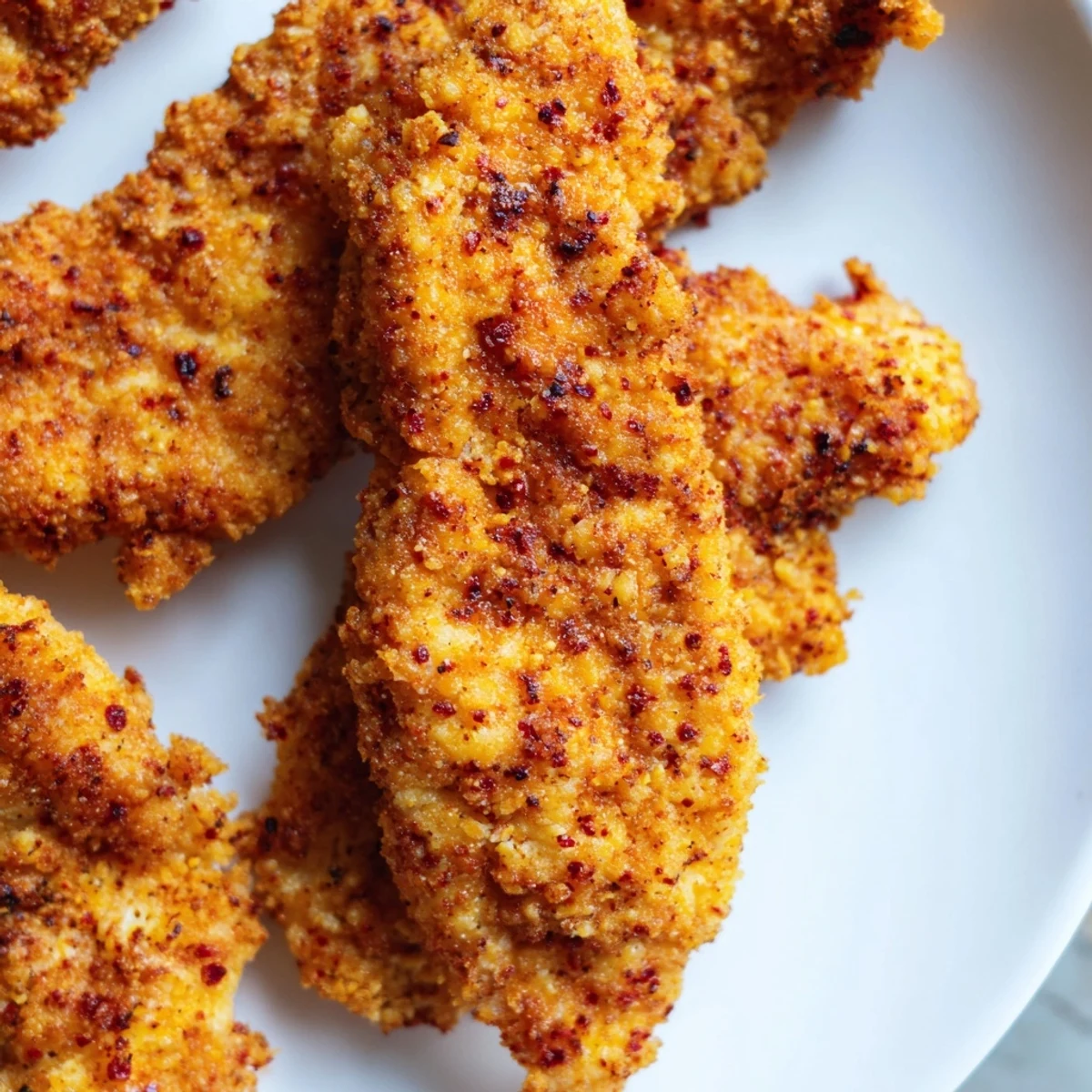 Crispy Fried Chicken Tenders fresh from the pan, showcasing a seasoned, golden-brown crust and juicy interior.