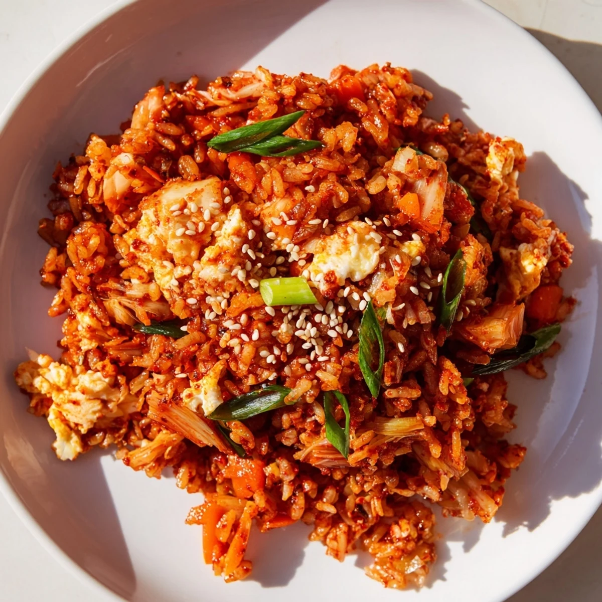 A steaming skillet of spicy kimchi fried rice, featuring bright red kimchi, fluffy egg ribbons, and sliced green onions garnished with sesame seeds.  