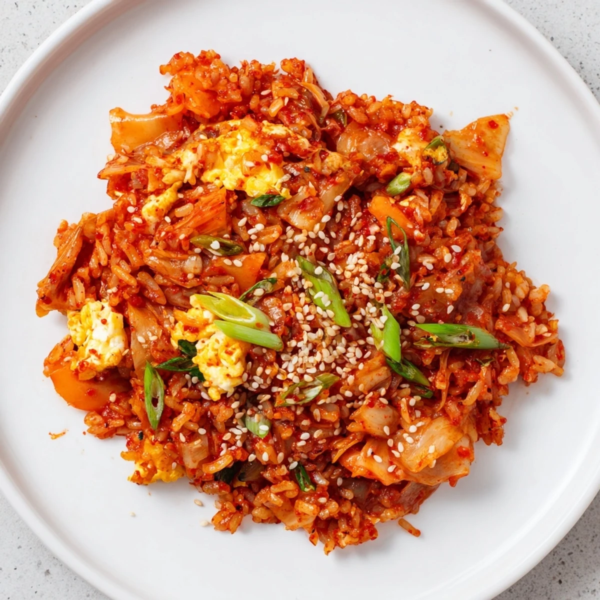 Close-up of spicy kimchi fried rice served in a stone bowl, garnished with roasted seaweed strips and fresh scallions for a flavorful Korean meal.