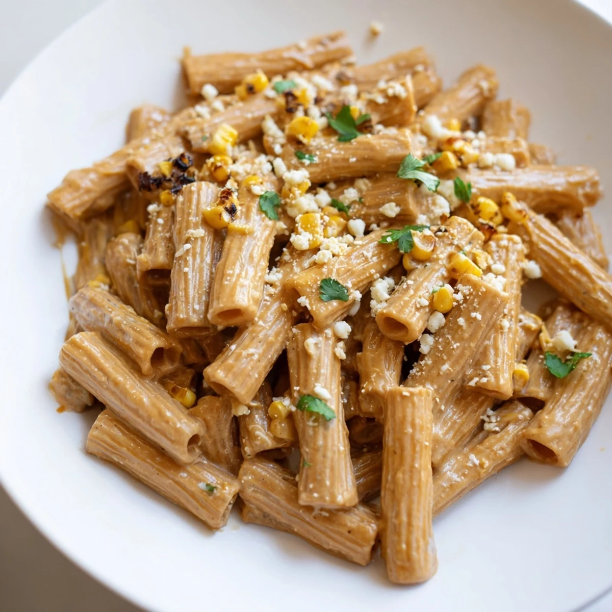 Bright and creamy Mexican Street Corn Pasta with sweet charred corn and cotija cheese, garnished with fresh cilantro and lime wedges for a zesty finish.