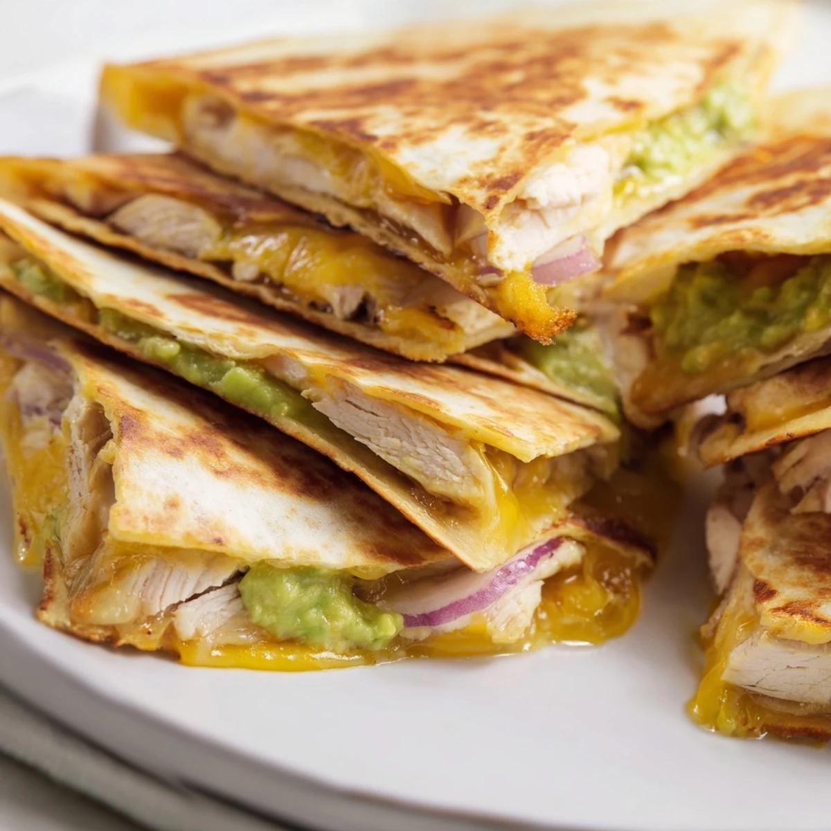 Golden-brown Chicken Avocado Quesadilla wedges on a plate with sour cream and salsa.