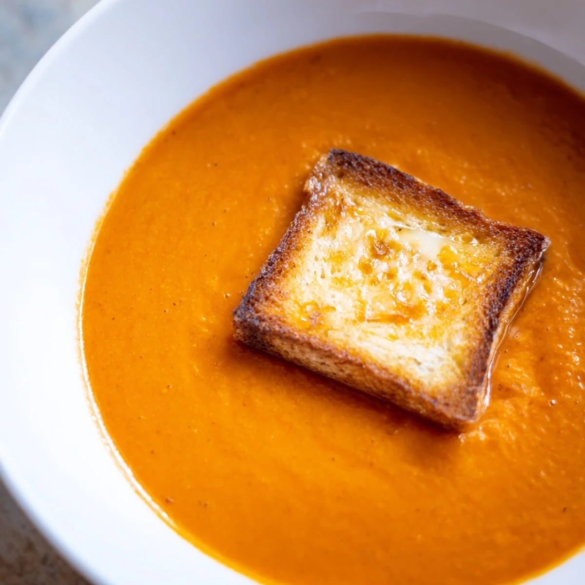 A comforting bowl of roasted tomato soup topped with golden grilled cheese croutons on a rustic wooden table.  