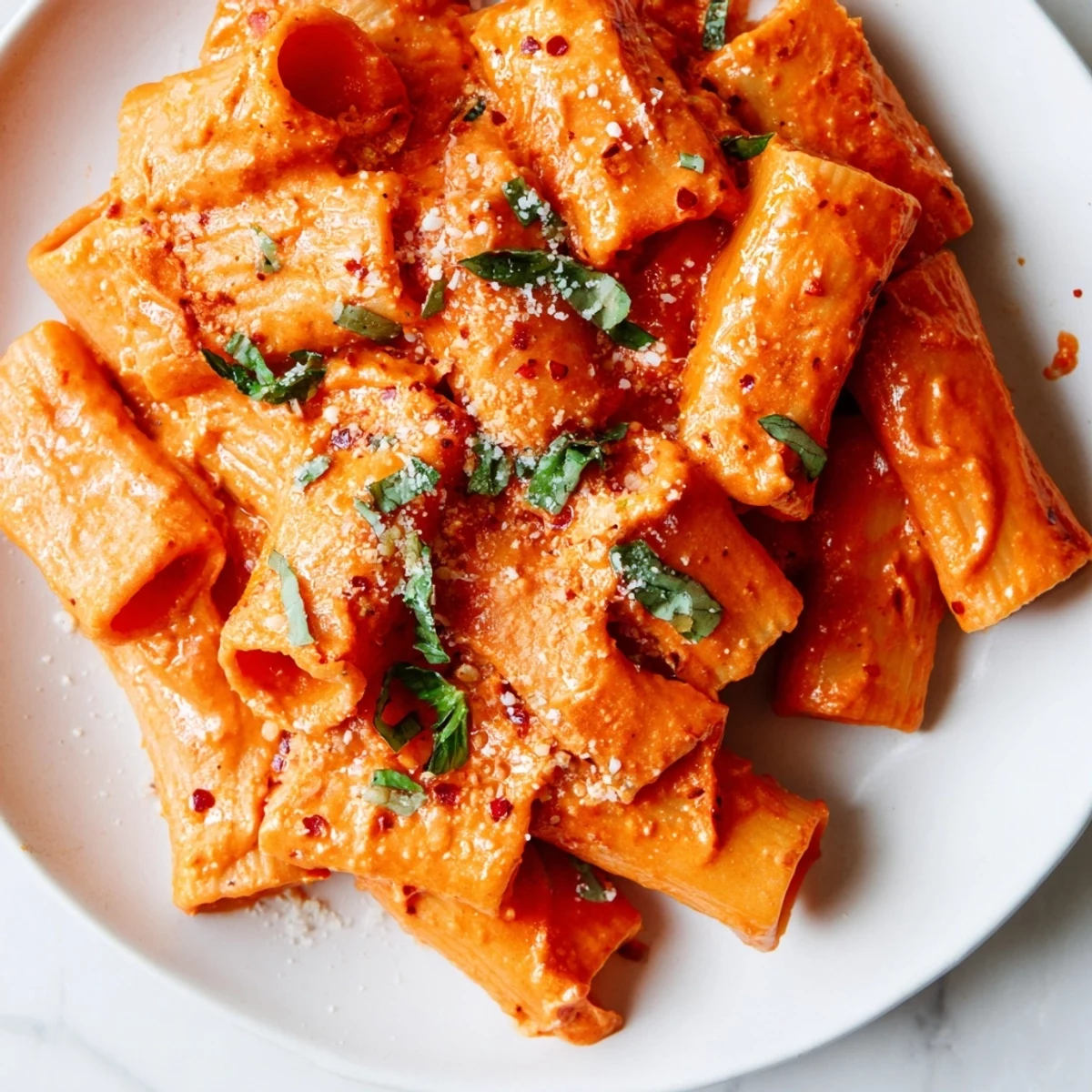 A hearty bowl of Spicy Rigatoni Pasta served with a crisp green salad and a glass of white wine, perfect for a comforting dinner.