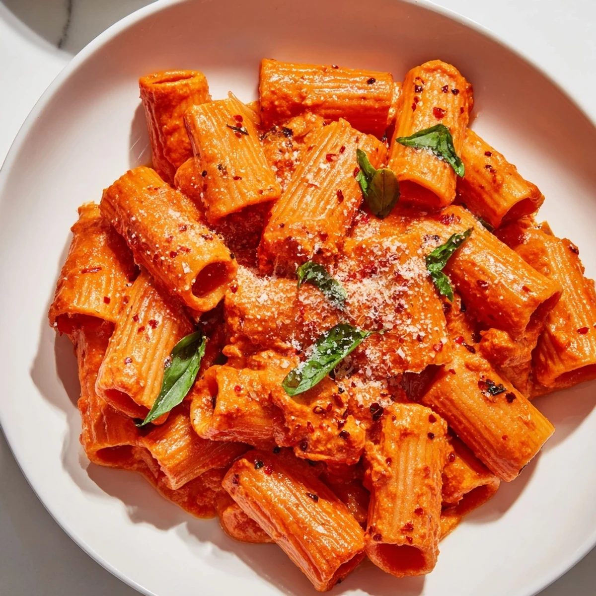 Steam rises from a skillet of Spicy Rigatoni Pasta, where rigatoni noodles are tossed in a rich, mildly spicy red sauce.
