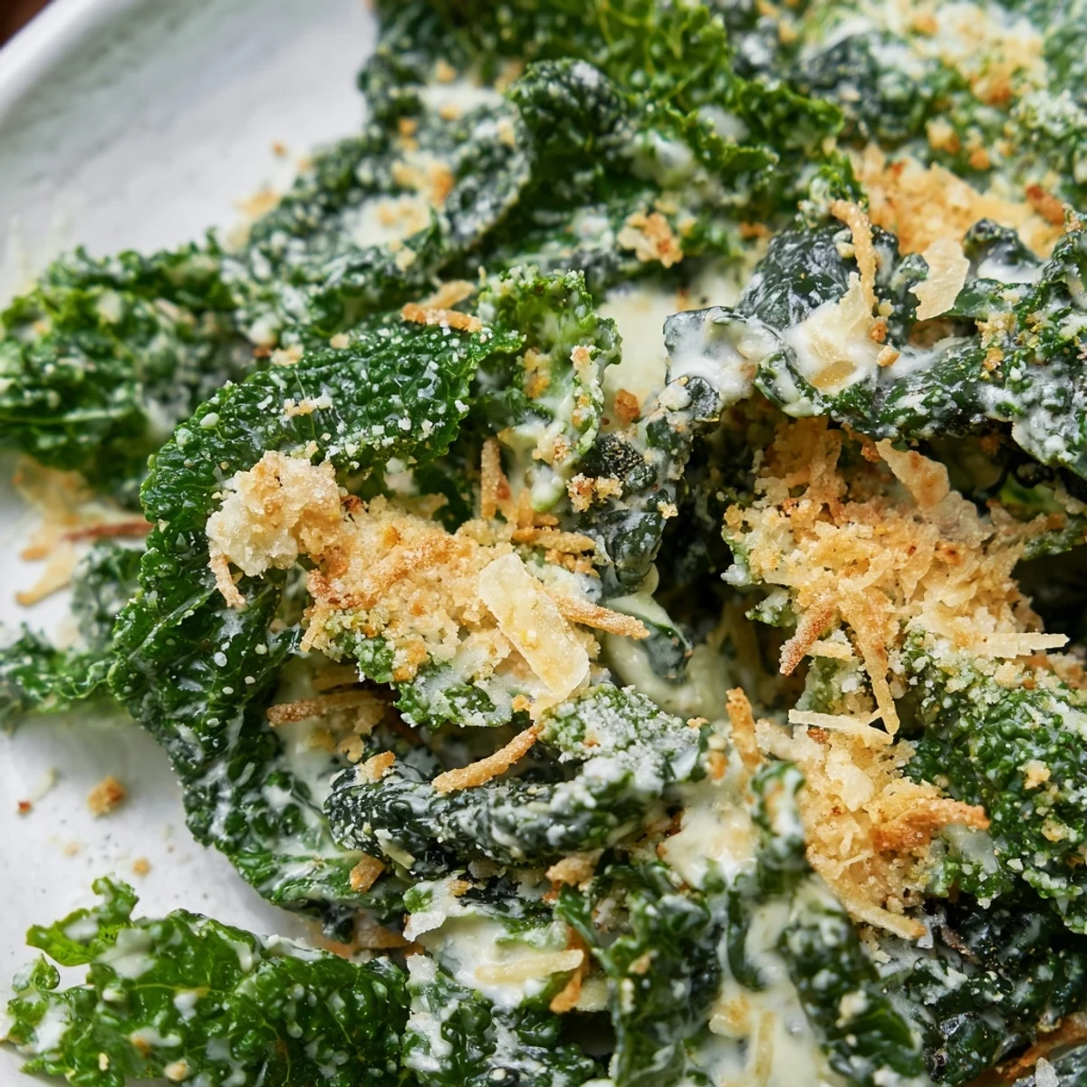 A vibrant Garlic Parmesan Kale Salad featuring tender greens, a zesty lemon-garlic dressing, and crunchy panko breadcrumbs for a satisfying side dish.  