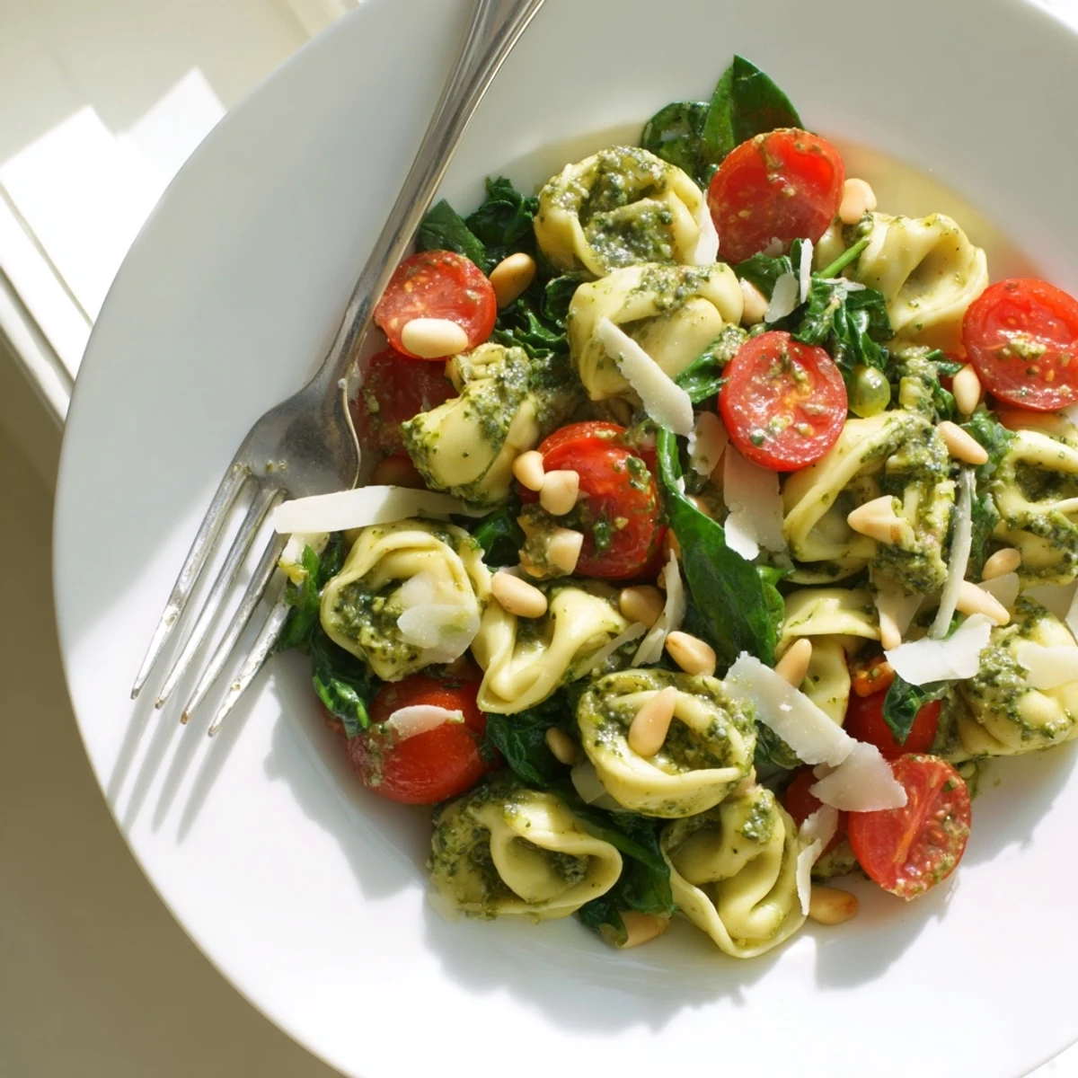 A close-up of Pesto Tortellini Salad showing cheese-filled tortellini, bright cherry tomatoes, and fresh spinach tossed in vibrant basil pesto.  
