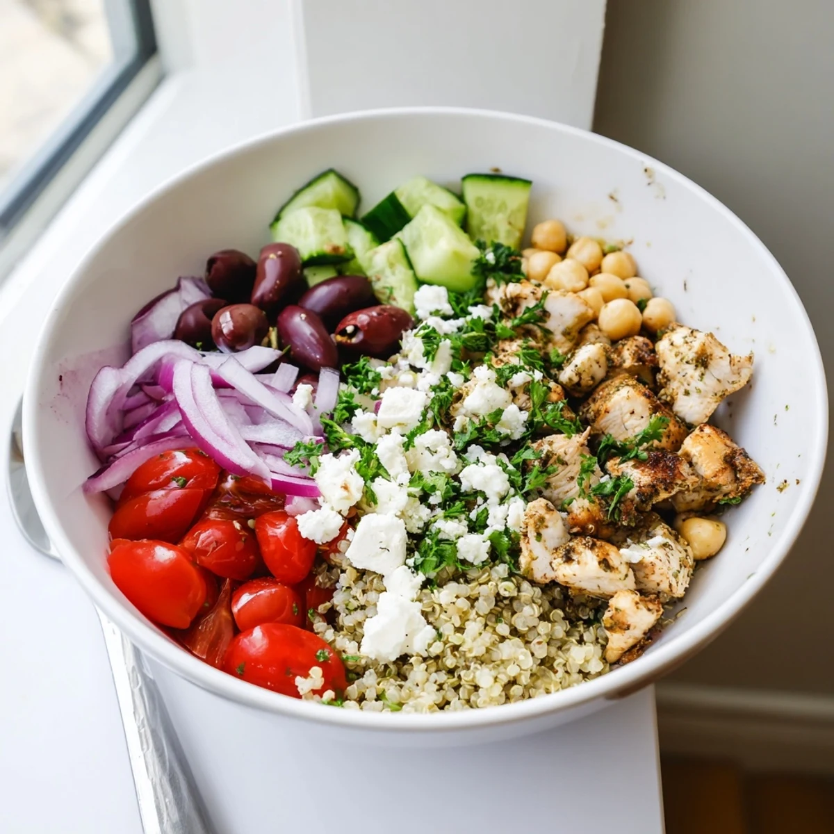 Juicy grilled chicken, crisp cucumbers, and creamy feta top fluffy quinoa in this vibrant Mediterranean Chicken Bowl.