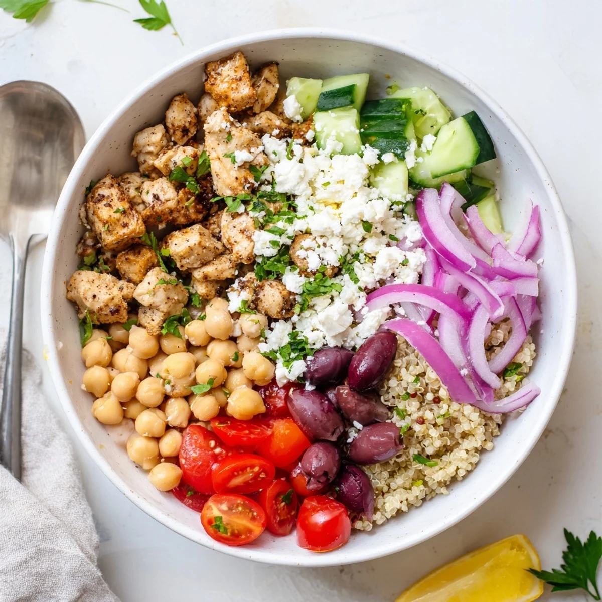 Bright cherry tomatoes and briny Kalamata olives add fresh, tangy contrast to the hearty grain bowl.