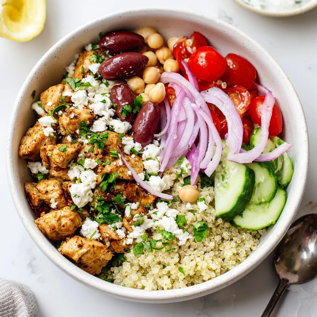 Drizzled with zesty lemon-oregano dressing, this gluten-free Mediterranean Chicken Bowl is perfect for a healthy dinner.