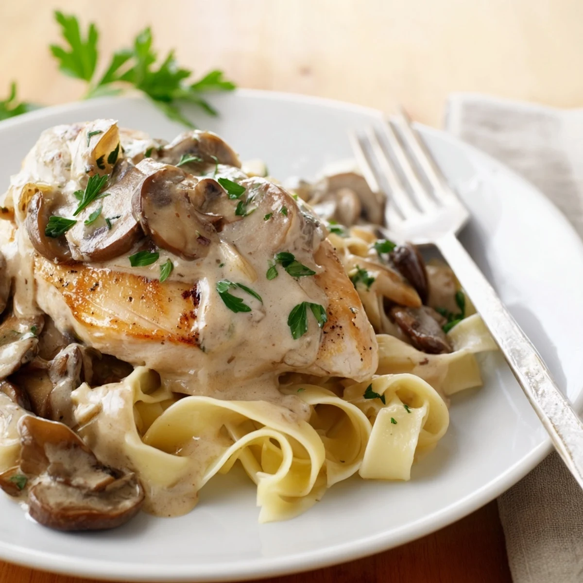 Creamy Chicken Marsala features golden pan-seared chicken breasts nestled in a rich, creamy mushroom and Marsala wine sauce, served over tender pasta.  