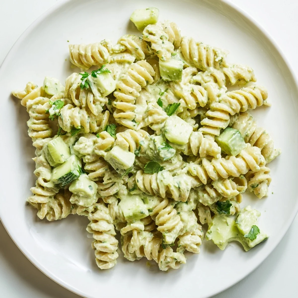 Bright, creamy Green Goddess Pasta Salad loaded with crisp cucumber and fresh herbs in a vibrant avocado-yogurt dressing.