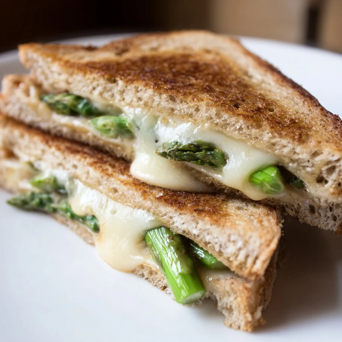 Buttered sourdough slices hold melted Brie and charred asparagus in this golden Asparagus & Brie Grilled Cheese.