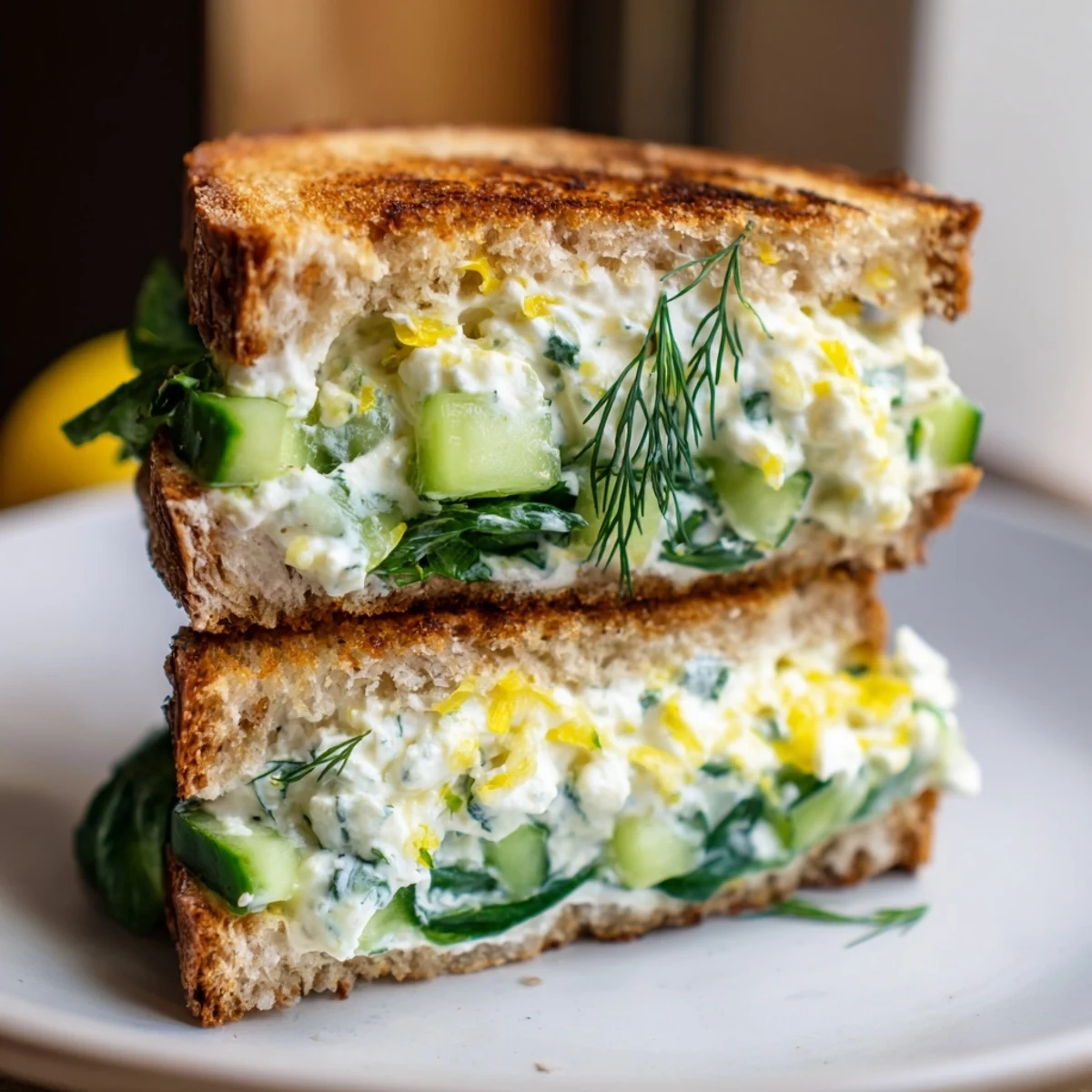 Toasted sourdough sandwich slices stuffed with creamy whipped feta, dill, lemon zest, and fresh spinach leaves on a rustic cutting board.  