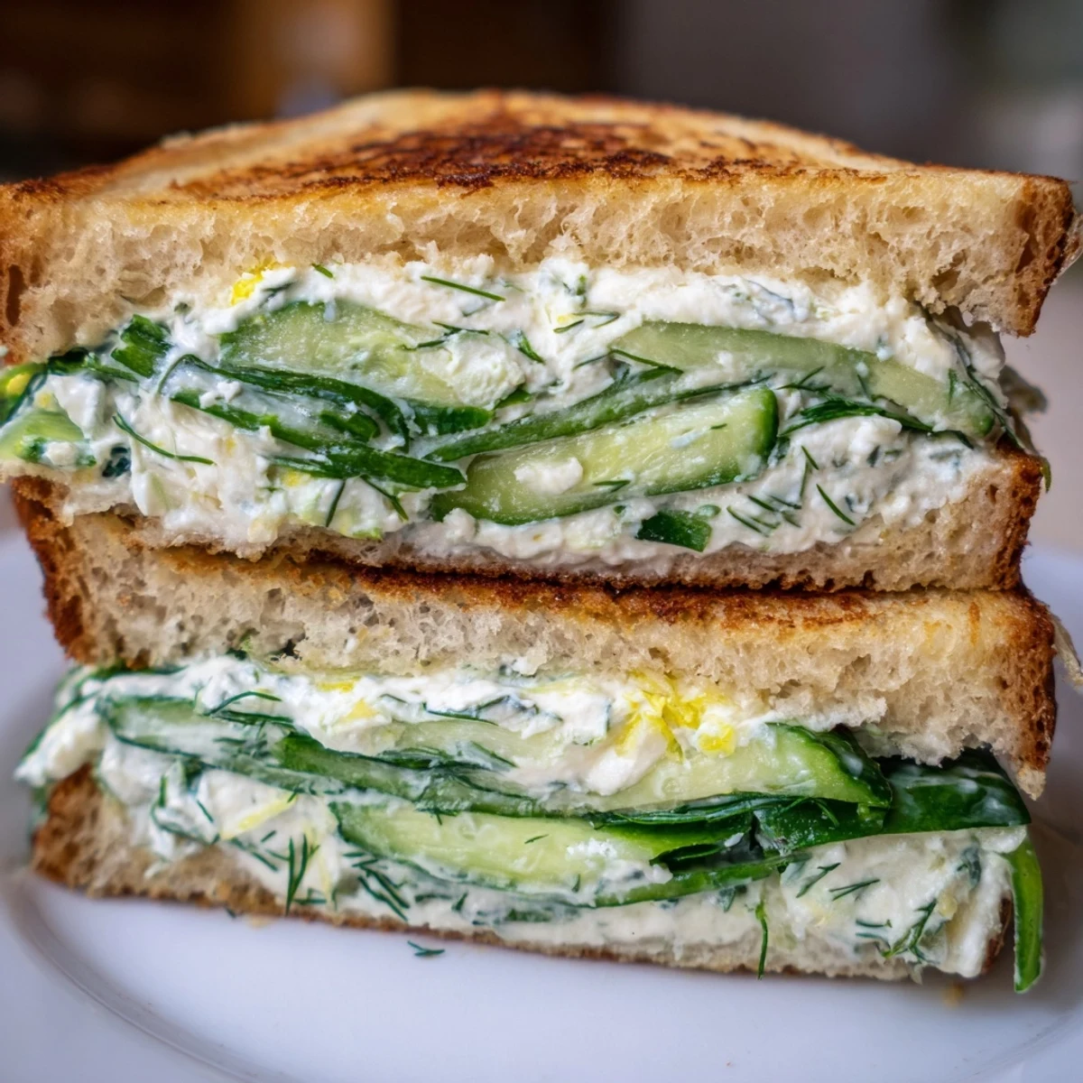 Warm golden grilled cheese sandwich made with whipped feta and cream cheese, layered with crisp cucumber and tangy lemon flavor.  