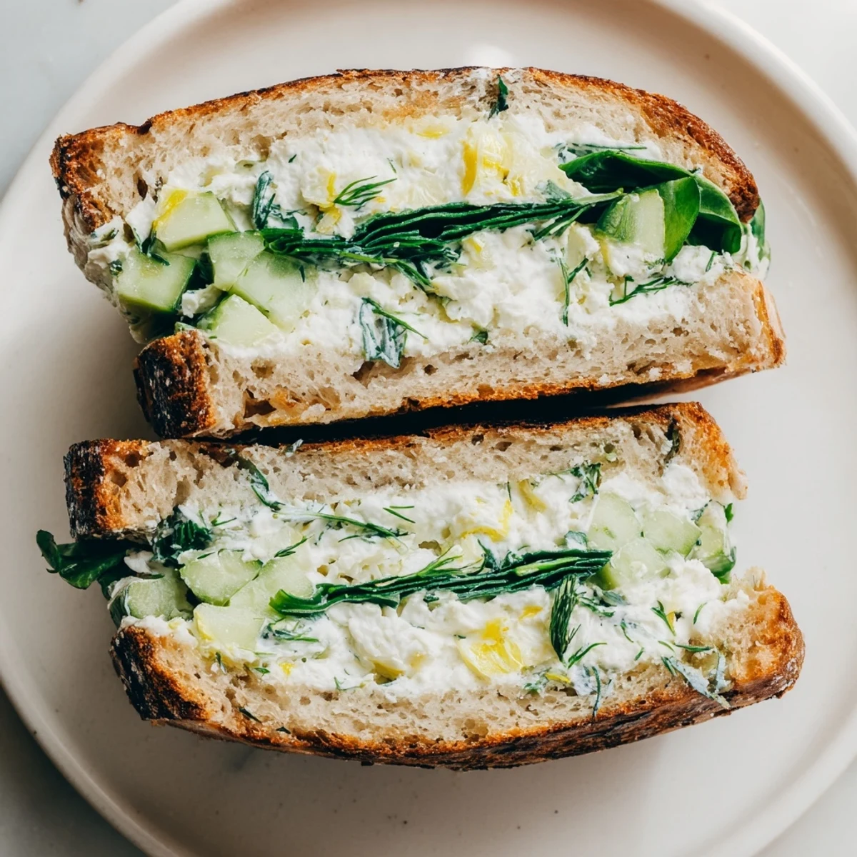 Spring-inspired whipped feta grilled cheese served on a wooden board, featuring melted cheese, fresh dill, and toasted bread texture.