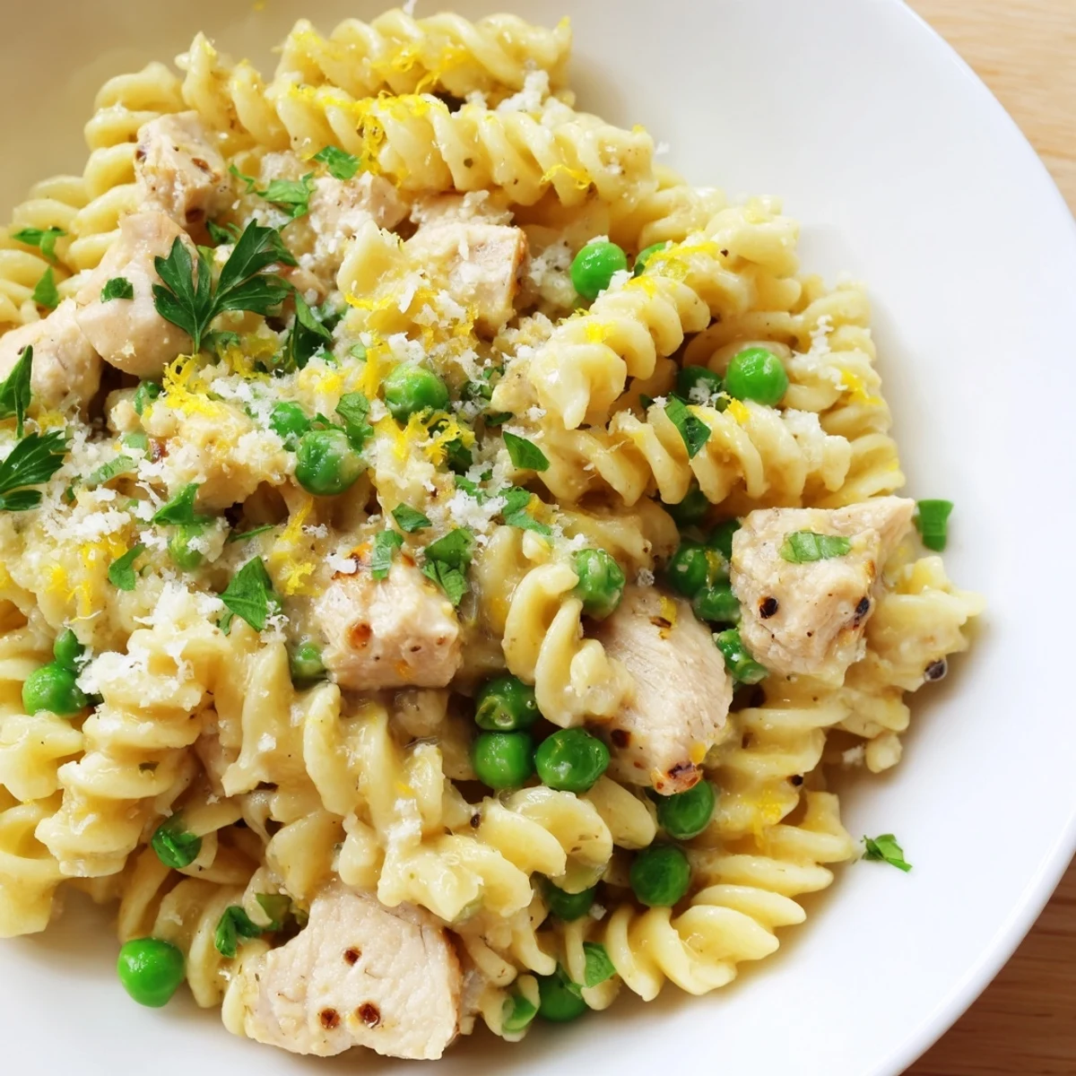 A close-up of Garlic Butter Chicken & Pea Pasta, with golden seared chicken, bright green peas, and twisted pasta coated in a glossy, garlicky butter sauce.