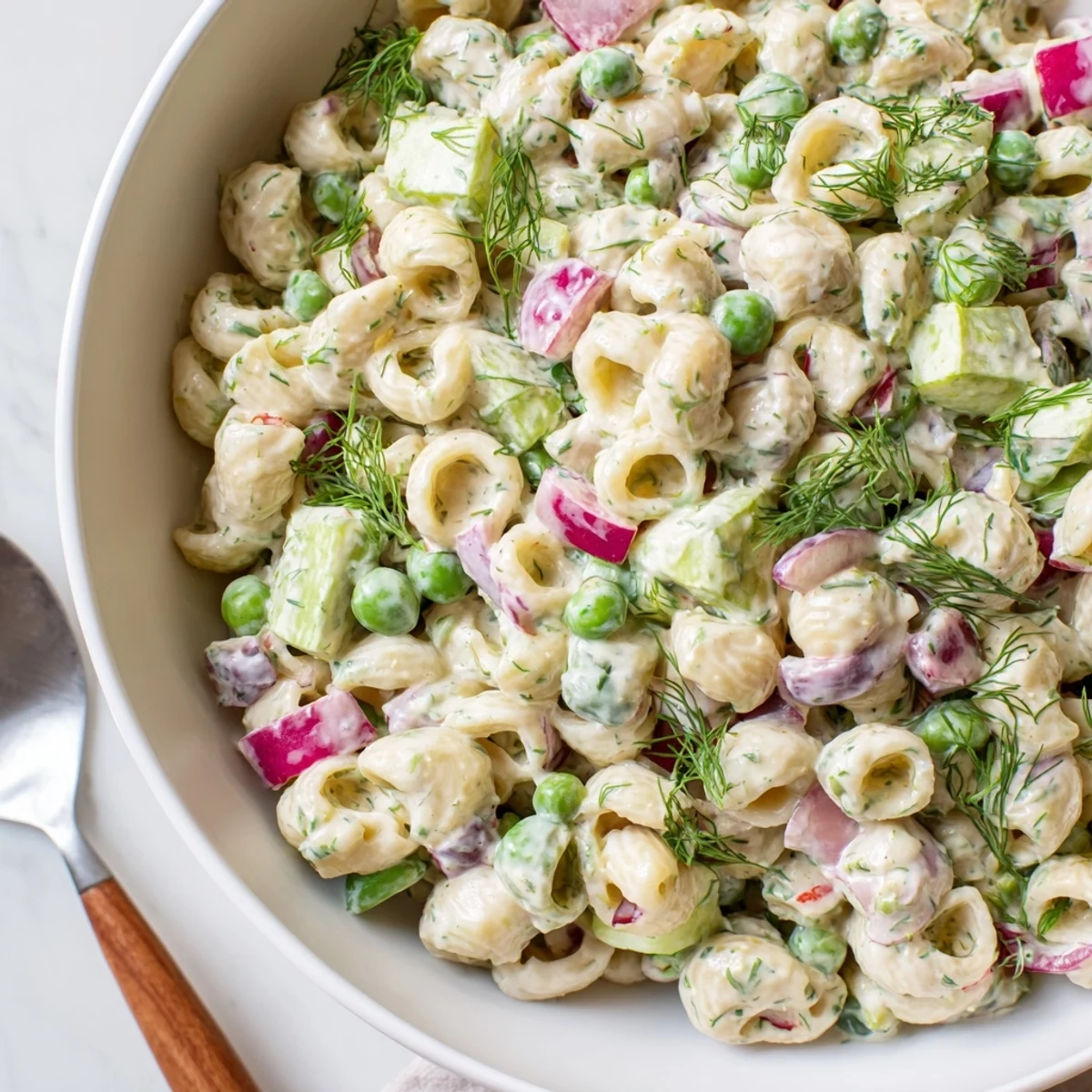 Bright green peas and crisp dill pickles coat ditalini pasta in a creamy dressing, ready for a spring potluck.