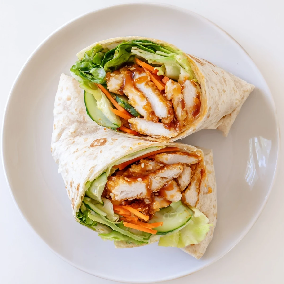 A close-up of a sliced Honey Chili Crunch Chicken Wrap, revealing layers of juicy pan-seared chicken, shredded lettuce, and crisp cucumber inside a soft tortilla.  